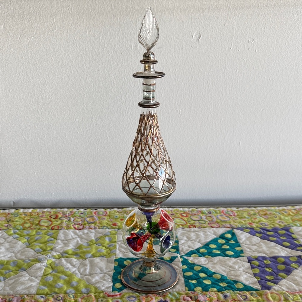 Vintage Egyptian Handblown Crystal Colorful Glass Perfume Bottle w Gold Accents